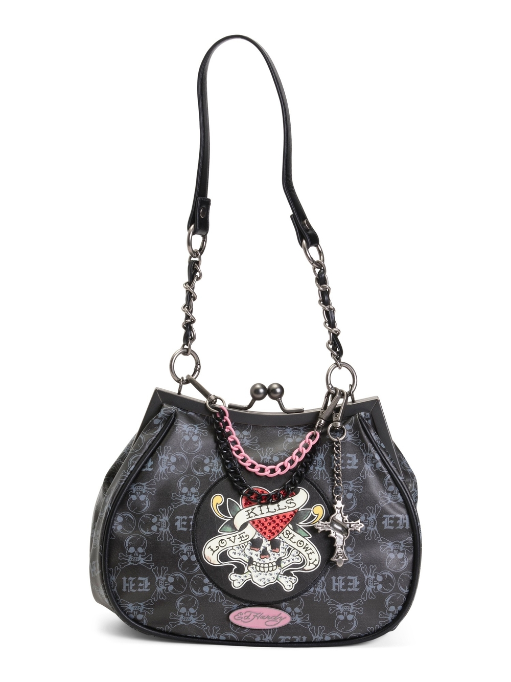 Ed Hardy Black Skull Print Shoulder Bag with Pink Accent
